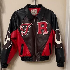 True Religion Black, Red & Brown Leather Varsity Jacket
